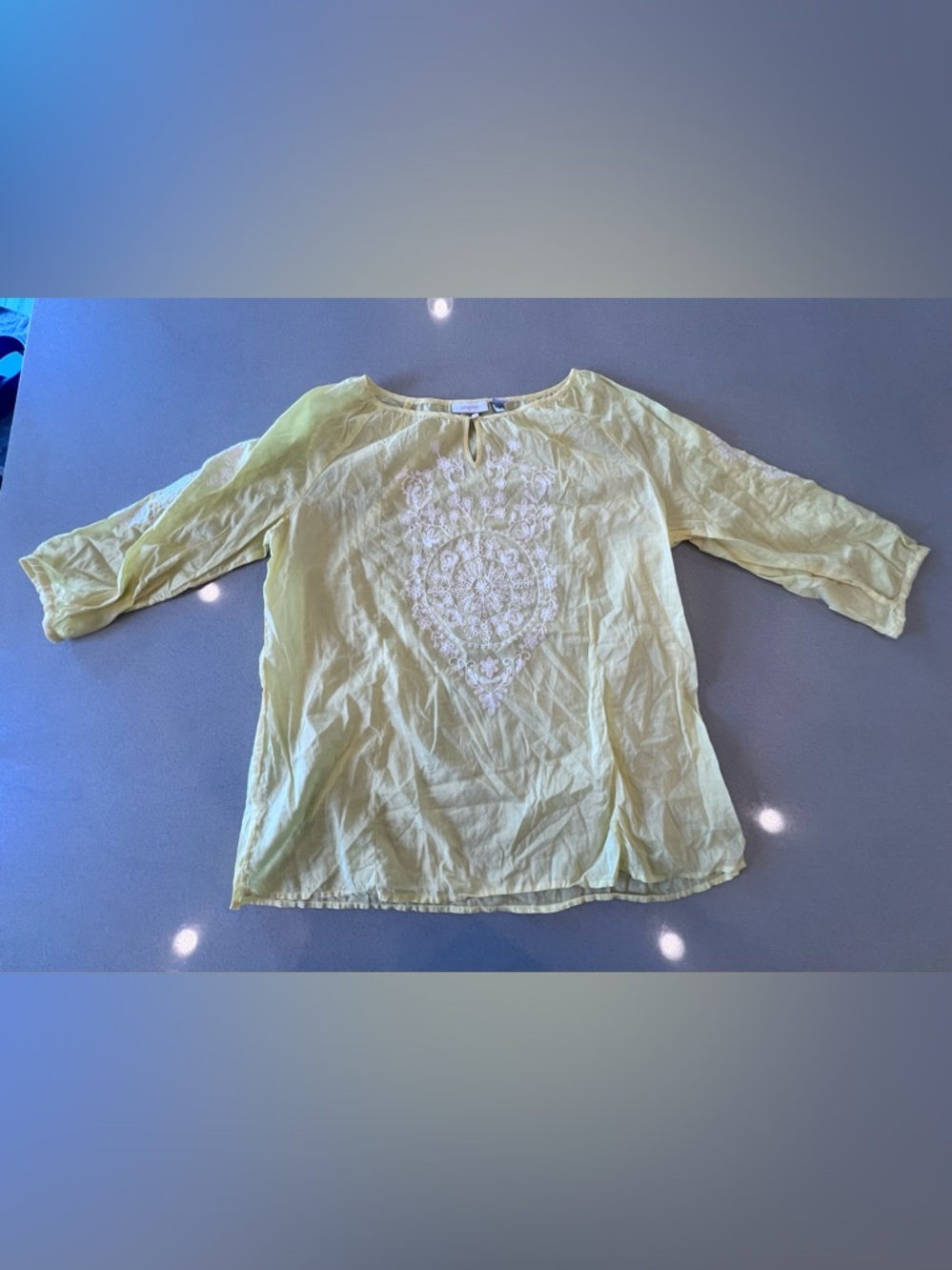 Chico's Yellow Embroidered Cotton Peasant Tunic Sz Large - Picture 2 of 12